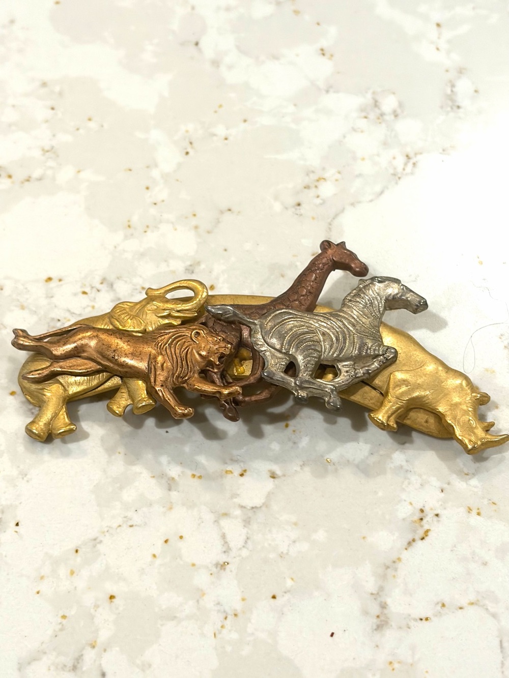 Vintage 3" Mixed Metal African Safari Animal Brooch Pin • Lion Elephant Zebra Rh